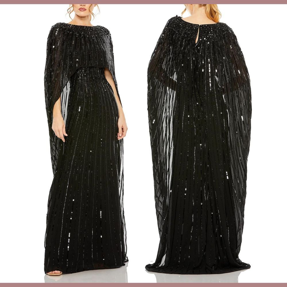 NWT $798 Mac Duggal [sz 16 ] Beaded Embellished Column Cape Gown in Black #G1853 - Picture 2 of 16
